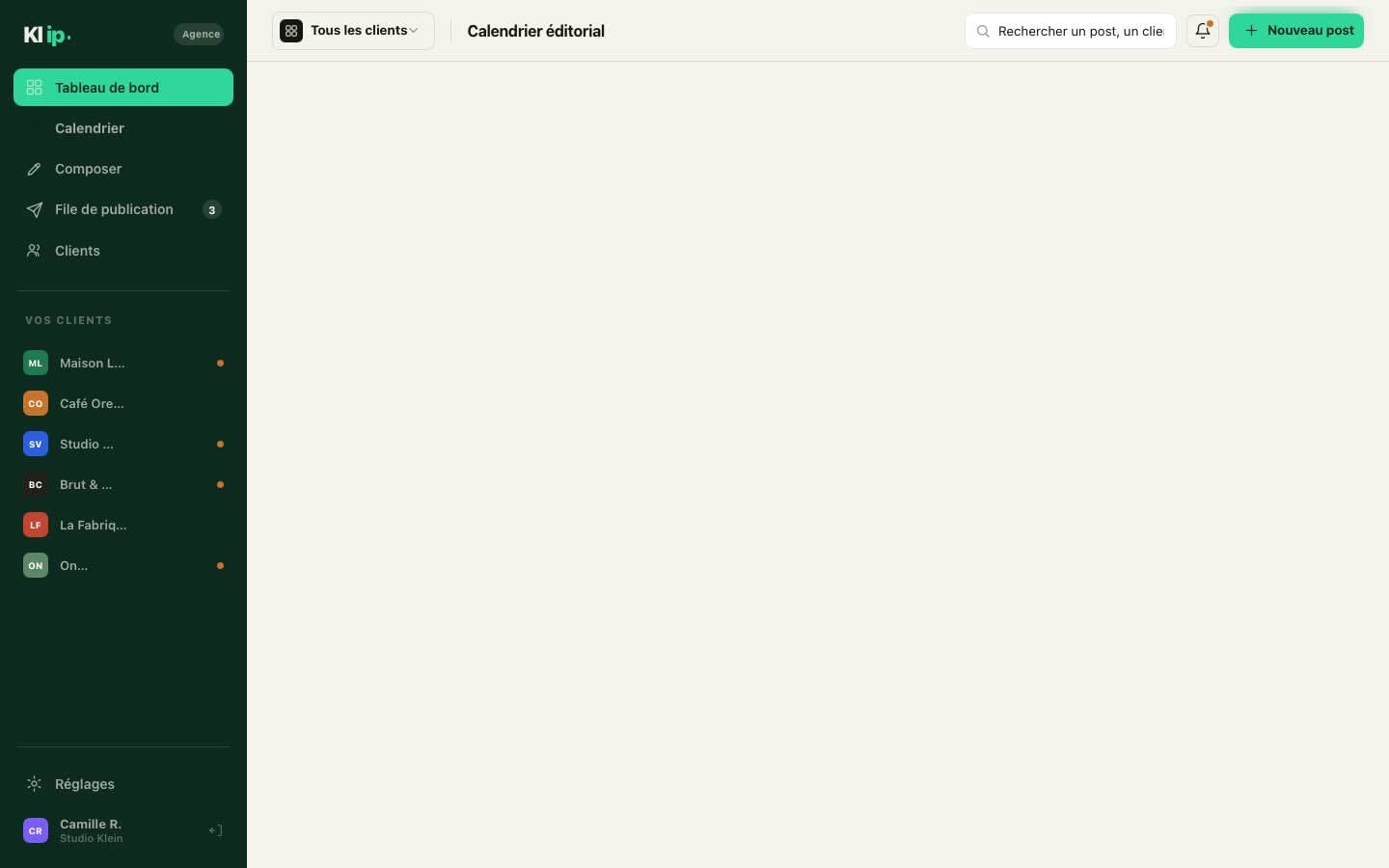 Calendrier éditorial Klip — planification et publication Instagram pour agences