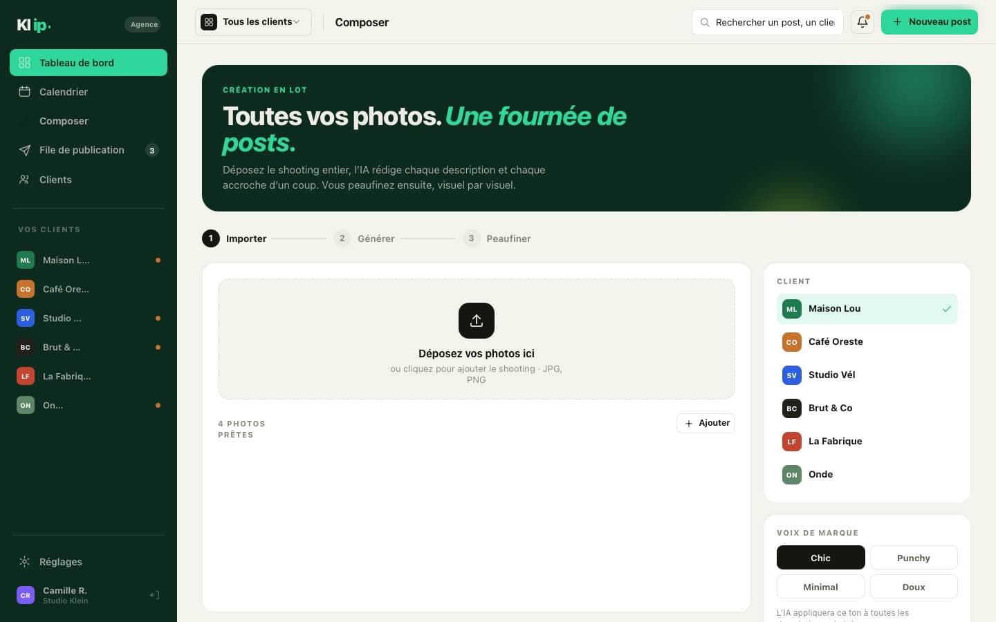 Éditeur visuel Klip pour composer un post Instagram aux couleurs du client