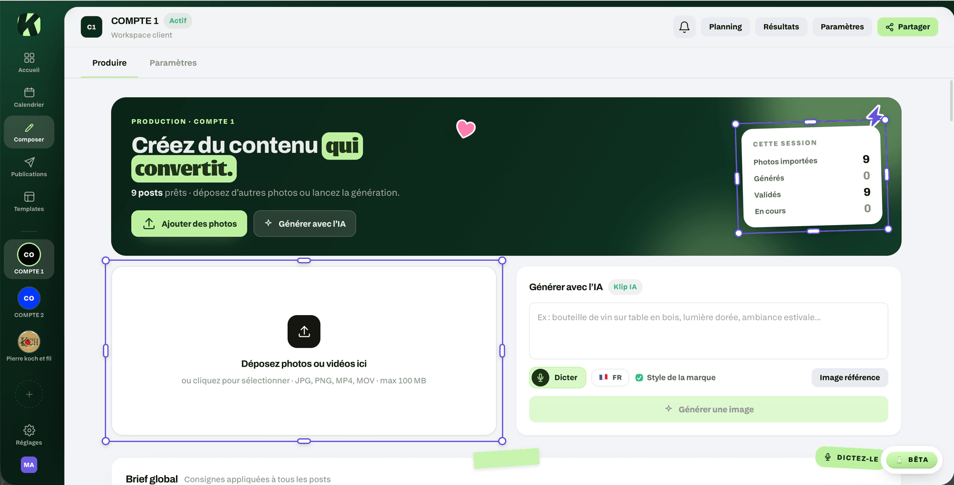 Éditeur visuel Klip pour composer un post Instagram aux couleurs du client